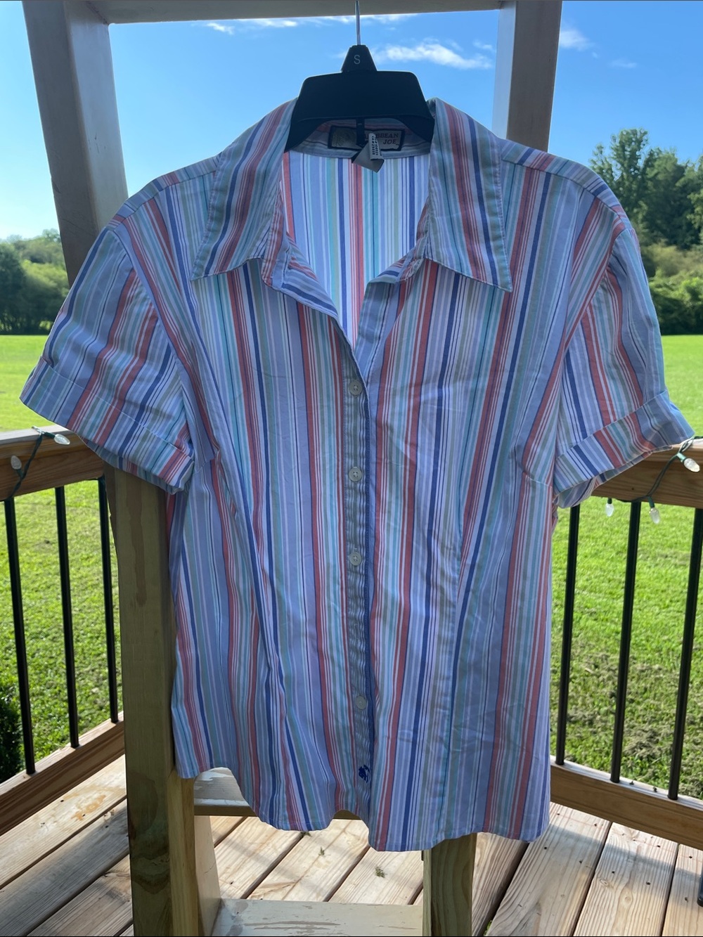 Caribbean Joe Multistripe Short Sleeve Button-Down Shirt - Blue, Pink, Green